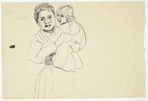 腕に子供を乗せたイタリア人女性