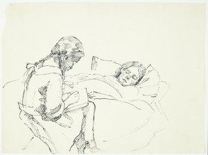 病気の人に声を出して読んでいる少女 (アーティストの妻と娘) 作： Peter Hansen