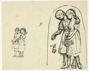 花を散らす二人の少女。 同じページに 2 つの下書き 作： Peter Hansen