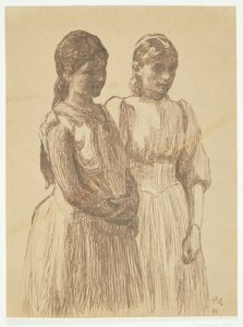 2 人の若い女の子。 絵画「地方の町のボール」のための研究（ヨーテボリ美術館） 作： Peter Hansen