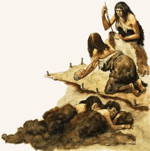石器時代の家族が皮をこすって服を作る 作： Peter Jackson
