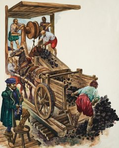 坑夫が荷車に石炭を積み、他の坑夫がさらに石炭を地上に積み上げる。 作： ピータージャクソン