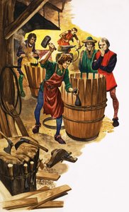 クーパーの見習いは、ギルド職員が樽のリングで作業しているのを見守っています。 作： Peter Jackson