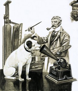 グラマフォンで聞いている犬を描くアーティスト 作： Peter Jackson