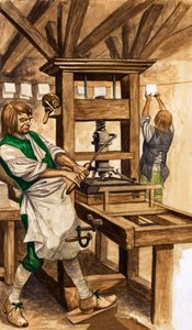 カクストン社のプレス機（紙にガッシュ 作： Peter Jackson