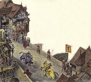 1390年4月23日の古いロンドン橋の馬上槍試合 作： Peter Jackson