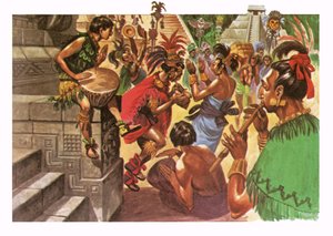 寺院の前でマヤの先住民が踊り、音楽を作る