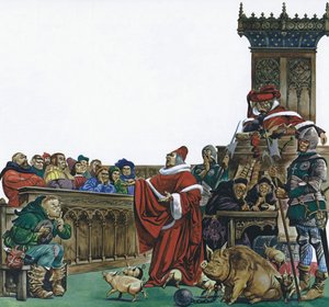 動物が裁判にかけられる中世の裁判所（カラーリトグラフ