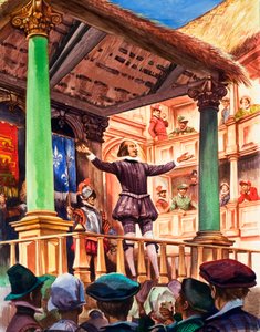 新しく建てられたグローブ劇場の舞台に立つシェイクスピア 作： Peter Jackson