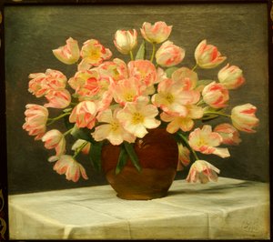 ドレープテーブルの上の花瓶のチューリップ 作： Peter Johan Schou