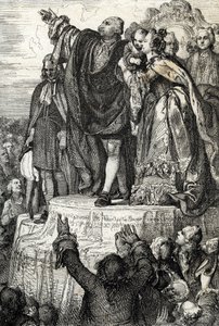 Celebração da Primeira Federação Nacional em 14 de julho de 1790 no Altar da Pátria em Champs-de-Mars, por ocasião do primeiro aniversário da tomada da Bastilha: o rei Luís XVI, cercado por sua família prestando juramento no constituir 作： Peter Johann Nepomuck Geiger
