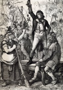 1789 年のフランス革命の勃発: 集まった大衆は、花形帽章の色を選択し、歴史的な武器を取るように促されます) アントン・ジーグラー 作： Peter Johann Nepomuck Geiger
