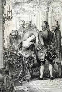 デンマークのキャロライン・マチルド女王 (1751-1775) は、1772 年の婚外交渉の後、離婚書類に署名することを余儀なくされました (デンマークのキャロライン・マチルダ女王は、1772 年 4 月に姦淫のために離婚届に署名しました)。 作： Peter Johann Nepomuck Geiger