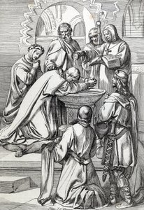 Representação de Santo Agostinho de Canterbury (falecido em 604), enviado à Inglaterra pelo Papa Gregório Magno em 596 para converter os anglo-saxões - Ele está aqui antes de Ethelbert, rei anglo-saxão de Kent (552? -616) que ele batizou em 597 (Agostinho, 作： Peter Johann Nepomuck Geiger