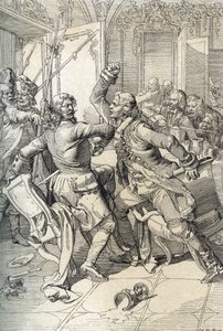 Revolta de Streltsy: prisão de membros dos regimentos de Streltsy (strelets) após seu levantamento em 1698 contra inovações progressivas do czar Pedro, o Grande, Rússia (Revolta de Streltsy: supostos membros dos regimentos Streltsy de Moscou presos após St 作： Peter Johann Nepomuck Geiger