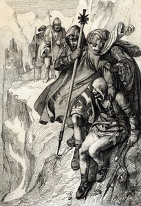 1077 年 1 月、教皇グレゴワール 7 世がいるカノッサに向かうトスカーナ伯爵夫人マチルドのところへ行き、スニ山の峠を越えてアルプスを越えたローマ王ヘンリー 4 世 カノッサと 作： Peter Johann Nepomuck Geiger
