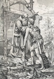 O jovem Odoacre (ca. 433-493) recebendo a bênção de Severin, Apotre de Norique, ca. 470 (Odoacro conhece o monge Severinus de Noricum, que descobre que um dia ele se tornaria famoso, 470 ca) Desenhando uma caneta desenhada de “” Historische Memorabilian de 作： Peter Johann Nepomuck Geiger