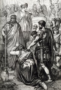 Vandal War: “” The surrender of the King of the Vandals Gelimer kneels before the Byzantine General Belisaire (500-565) in March 534, Carthage, Africa” (Vandalic war: vandal king Gelimer surrendering to general Belisarius, 534, Africa) Drawing a pen drawn 