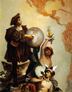 クリストファー・コロンブス (1451-1506)、世界の支配者としてのハプスブルク家のチャールズ 5 世 (1500-1558) の寓話の詳細、ピーター・ヨハン・ネポムク・ガイガー (1805-1880) の絵画、玉座の間、ミラマーレ城、トリエステ、フリウリ ベネチア ジュリア、イタリア 作： Peter Johann Nepomuk Geiger