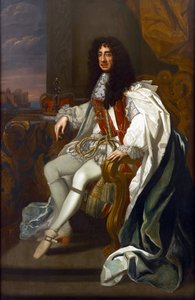 バロック様式。ガーター勲章を身にまとったイングランドのチャールズ2世（1630-1685）の肖像 パー・リー、サー・ピーター（1618-1680）。キャンバスに油彩、213.5×140cm。個人蔵