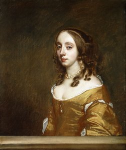 オレンジ色のドレスを身に着けている、半開きの、胸の後ろのポファム家の女性の肖像画、 作： Peter Lely