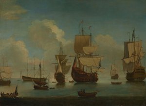 凪の中、帆を乾かして停泊するイギリスの軍艦 18世紀初頭 （油彩・キャンバス） 作： Peter Monamy