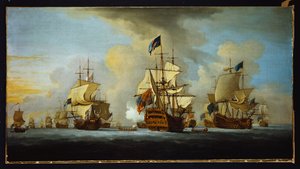 白と青の艦隊の副海軍大将と後海軍大将への提督の船の合図でのイギリス艦隊のアンカー 作： Peter Monamy