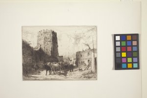 サン ミゲル教会とサンタフェのプエブロ ハウス (エッチング) 作： Peter Moran