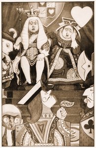 王とハートの女王は彼らの王座に座っていました、イラストは不思議の国のルイス・キャロル・アリス・アドベンチャーズ、1901年のイラストです