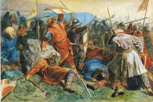 1859年のスティクレスタの戦いでの聖オラフ 作： Peter Nicolai Arbo