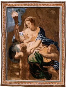 フランダースのタペストリー。 シリーズ聖体の勝利。 世界を啓発する慈善の寓意 (Alegoría de la Caridad iluminando al mundoà. シリーズの 20 番目のタペストリー。 モデル ピーター パウル ルーベンス。 1626-1628 年。 製造 Jan II Raes、ブリュッセル 作： Peter Paul (after) Rubens