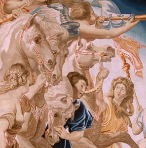 フランダースのタペストリー。 シリーズ聖体の勝利。 教会の勝利 (El Triunfo de la Iglesia)。 シリーズ8作目のタペストリー。 モデルのピーター・パウル・ルーベンス。 1626-1628。 製造 Jan II Raes、ブリュッセル 作： Peter Paul (after) Rubens