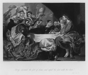 救世主の足に油を塗るマグダラのマリア、ヨハネ12世、3（エングレーヴィング 作： Peter Paul (after) Rubens