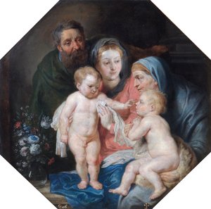 聖エリザベスと聖ヨハネのいる聖家族 (銅に油彩) 作： Peter Paul (after) Rubens