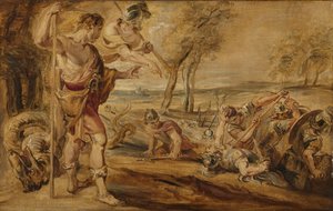 ミネルバに導かれ、スパルトイの戦いを観察するカドモス 作： Peter Paul Rubens (after)