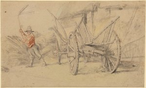 荷馬車の横で脱穀する男、背後に農家の建物 作： Peter Paul Rubens