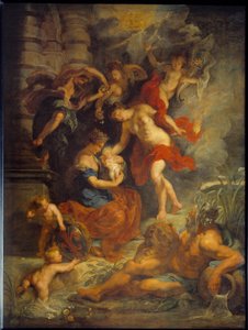 マリー・ド・メディシス（1573-1642）のサイクル。「1573/04/26にフィレンツェで行われたマリー・ド・メディシスの誕生」です。オーストリアのジョアン（1547-1578）とその娘の表現。ピエール・ポール（Pierre-Paul）・ルーベンス（またはPeter PaulまたはPetrus Paulus）（1577-1640）の絵画 作： Peter Paul Rubens