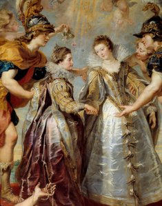 1615年9月11日、ヘンダイのビダソア川におけるフランスとスペインの二人の王女の交換 オーストリアのアンヌとルイ13世の結婚、フランスのイザベラ（1602-1644）とフィリップ4世の結婚を寓意的に表現したもの。 作： Peter Paul Rubens