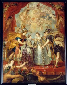 1615年9月11日、ヘンダイのビダソア川におけるフランスとスペインの二人の王女の交換 オーストリアのアンヌとルイ13世の結婚、フランスのイザベラ（1602-1644）とフィリップ4世の結婚を寓意的に表現したもの。 作： Peter Paul Rubens