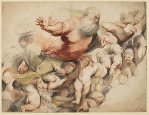 天使に支えられた父なる神、ポルデノーネの後、1600-03 作： Peter Paul Rubens