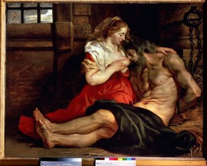 ローマの慈善団体。 女性は刑務所で男性に母乳を与え続けています。 刑務所で餓死を宣告されたシモンは、娘のペロの胸を食べます。 Peter Paul (Pierre-Paul) Rubens (または Peter Paul または Petrus Paulus) (1577-1640) による絵画。 作： Peter Paul Rubens