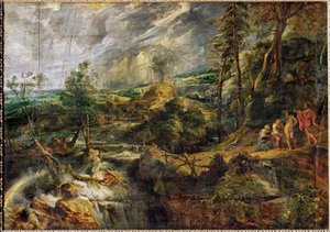 雷雨の中の風景、フィレモンとバウシス、ジュピターとマーキュリー、1620年頃、木に油彩
