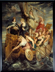 1614年10月20日、ルイ13世（1601年〜1643年）の多数決 国王の即位を表すアレゴリーは、力、宗教、正義に導かれた船が、荒れた海の中で漕ぎ手たちの間を進んでいく様子を表しています。ルイ13世の母であるメディチ家の王妃マリーが乗船しています。痛み