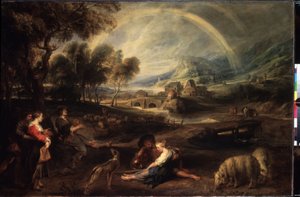 虹のある風景。 Peter Paul (Pierre-Paul) Rubens (または Peter Paul または Petrus Paulus) (1577-1640) による絵画。 キャンバスに油彩、86 x 130 cm、1630 年初頭。フラマン美術、バロック美術。 エルミタージュ美術館、サンクトペテルブルク。 作： Peter Paul Rubens