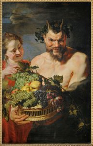 サテュロスとフルーツのバスケットを持つ少女 作： Peter Paul Rubens