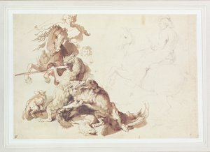狼狩りのスケッチ（紙に水彩の鉛筆） 作： Peter Paul Rubens