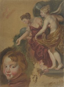 マリア デイ メディチの幸せな治世、男の子の頭と 2 つの男の頭が描かれた学習シート。 作： Peter Paul Rubens
