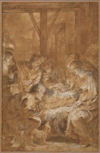羊飼いの礼拝、c.1613-4（茶色のウォッシュと白いガッシュのペンと茶色のインク） 作： Peter Paul Rubens