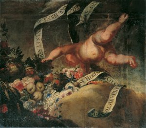 花、果物、バナー付きプットー 作： Peter Strudel