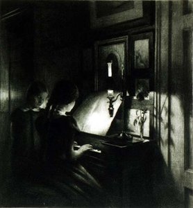 ピアノを弾く少女たち（メゾチント） 作： Peter Vilhelm Ilsted
